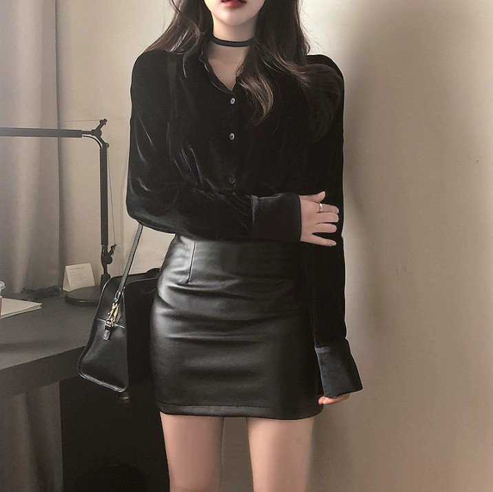 职业OL超短半身裙女性感包臀裙皮革新款紧身短裙