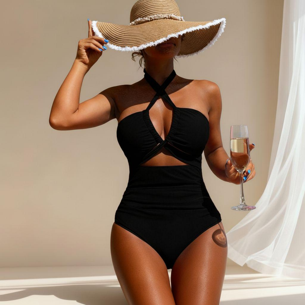 女式泳衣 海滩度假夏季泳装 高领侧开叉